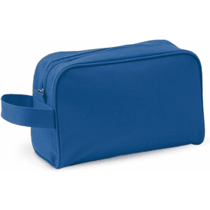 A blue toiletry bag with a zip closure and a carry handle, featuring a branding logo.