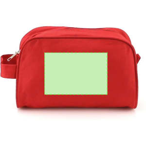 A red toiletry bag with a green rectangular area, featuring a zip closure and a side handle.