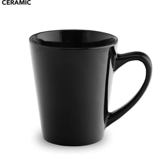 A ceramic coffee mug in black with a sleek, modern design and a curved handle.