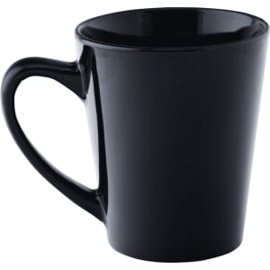 A black coffee mug with a stylish, modern design and a comfortable handle.