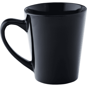 A black coffee mug with a sleek design and a comfortable handle. It features a logo on the side.