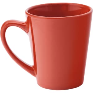 A coffee mug in a vibrant red hue with a sleek, modern design and a single handle.
