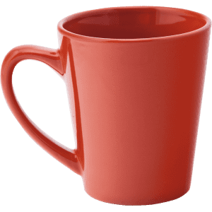 A coffee mug in bright red with a curved handle and a glossy finish. It has a logo on one side.