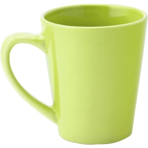A green coffee mug with a smooth finish and a curved handle. It has a simple design and no visible branding.