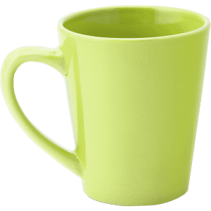 A bright green coffee mug with a smooth finish and an ergonomic handle. It features a simple, modern design.