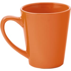 An orange coffee mug with a smooth finish and a slender handle. It has a logo on one side.