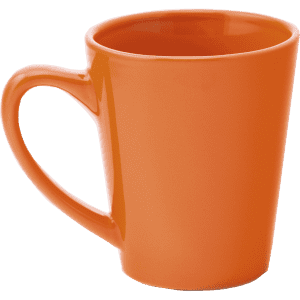 An orange coffee mug with a curved handle and a glossy finish, featuring a logo on its surface.