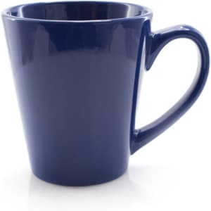A navy blue coffee mug with a smooth, glossy finish and a curved handle. It features a logo on the side.