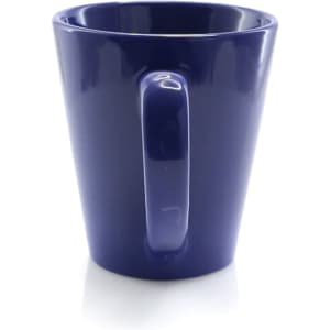 A coffee mug in a deep blue hue with a smooth finish and a sturdy handle. It features a logo on one side.