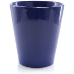 A dark blue coffee mug with a glossy finish, featuring a simple design and a rounded top.