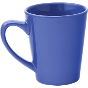 A blue coffee mug with a handle and a glossy finish. The mug has a modern, tapered shape and features a logo.