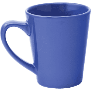 A blue ceramic coffee mug with a curved handle and a glossy finish. It features a logo.