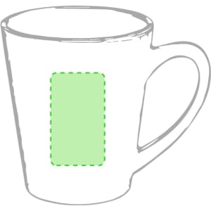 A coffee mug in a simple design with a handle and a blank green area for customisation.