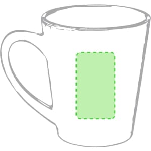 A green outline of a coffee mug featuring a blank space for custom design. The mug has a classic handle.