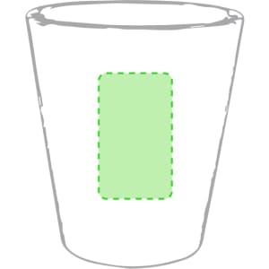 A white coffee mug with a green rectangular area, featuring a logo or branding.