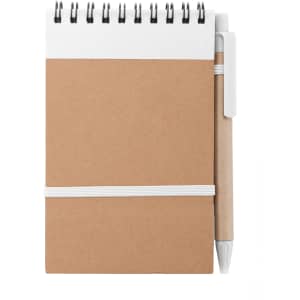A brown Ecocard Notebook with a spiral binding and a white pen attached by an elastic band.
