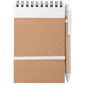A brown spiral-bound notebook with a white top section and a matching white pen attached by an elastic band.