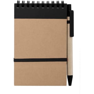 A brown notebook with a black spiral binding, featuring a pen attached by an elastic band. It has a branding logo.