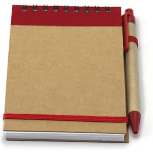 A brown notebook with a red top section and a red pen secured by an elastic band. The notebook features a spiral binding.