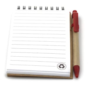 A notepad with lined pages, spiral binding, and a cardboard backing. It includes a red pen and features a branding logo.