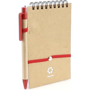 A brown spiral-bound notebook with a red pen attached, secured by a red elastic band. It features a logo.