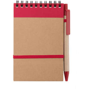 A brown spiral-bound notebook with a red band and a matching red pen attached.