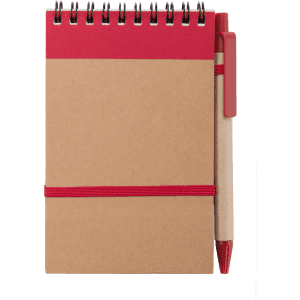 A kraft notebook with a red top section and a red pen attached by an elastic band. It has a logo on the cover.