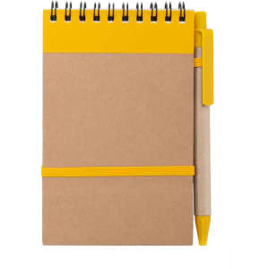 A brown notebook with a yellow top and elastic band, featuring a yellow pen attached.