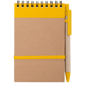 A brown notebook with a yellow top, spiral binding, and a matching yellow pen secured by an elastic band.