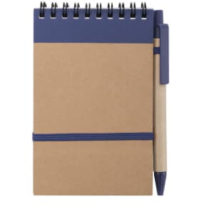 A brown notebook with a navy blue cover and pen secured by an elastic band. It has a spiral binding and a logo.
