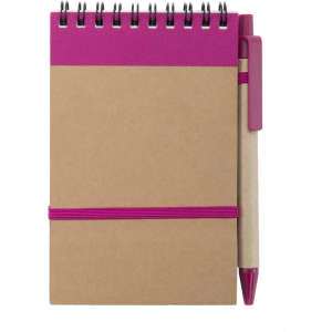 A brown notebook with a pink top section and matching pen attached by a pink elastic band. Features a logo on the cover.