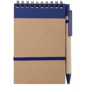 A brown spiral-bound notebook with a navy blue top and a matching pen attached by an elastic band.