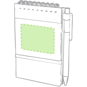 A spiral-bound notebook featuring a green accent and a pen attached, designed for office use.