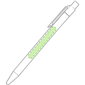 A green and white pen featuring a transparent section and a clip for easy attachment.