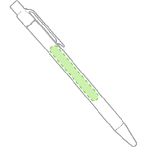 A pen with a green grip section and a clip, featuring a simple design and a white barrel.