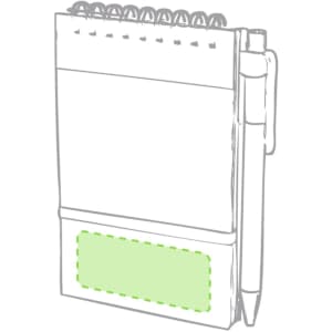 A green Ecocard Notebook with a spiral binding and attached pen for office and business use.