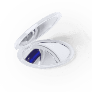 A compact pocket mirror with a clear casing and reflective surfaces, featuring a simple design.