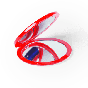 A red pocket mirror with a hinged design, featuring two reflective surfaces inside.