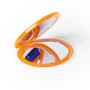 An orange pocket mirror with a dual-sided design featuring two reflective surfaces.