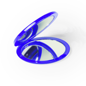 A blue pocket mirror opened to reveal two reflective surfaces inside. It features a sleek, round design.