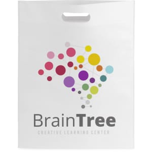 A white bag featuring a multicoloured design and a logo. Ideal for various carrying needs.