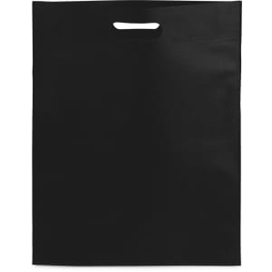 A black bag with a cut-out handle and a smooth surface. It features a simple design and has no visible logos or text.