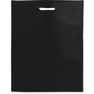 A black promotional bag featuring a handle and a smooth surface, designed for miscellaneous uses.