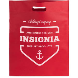 A red promotional bag featuring a logo and a handle for easy carrying.