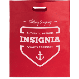 A red promotional bag featuring a design with a logo and an anchor symbol.