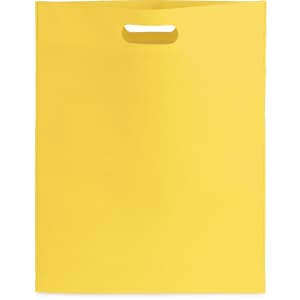 A yellow bag with a handle, made from a flexible material, featuring a smooth surface and no visible branding.
