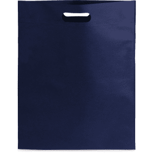 A navy blue bag with a handle, featuring a simple design and a branded logo.