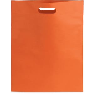 An orange bag with a handle, featuring a smooth finish and a simple design. It has a branding logo.