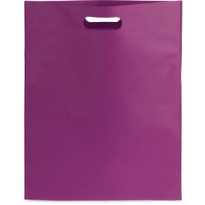 A purple bag with a handle and a simple design. It features a logo on the front.