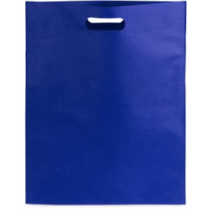 A blue promotional bag with a handle and a flat design. It features a logo on the front.